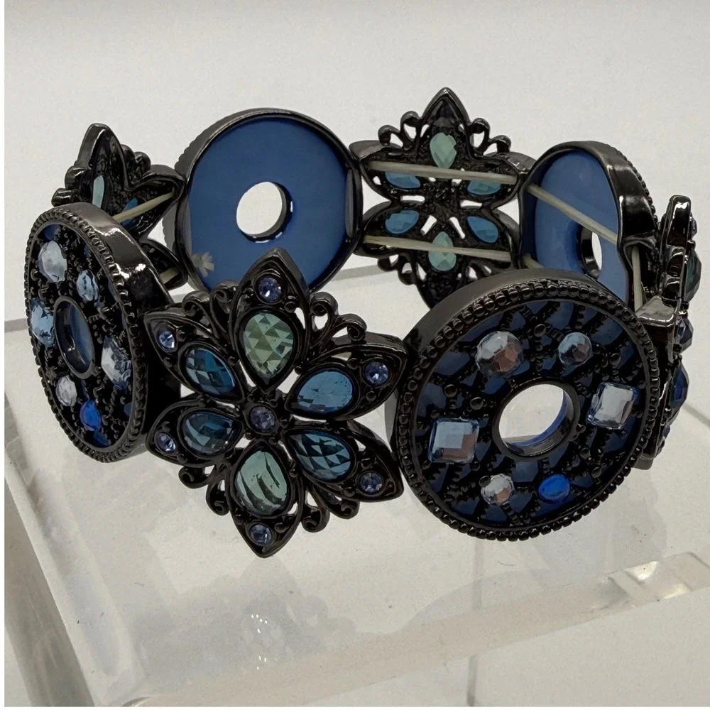 Blue Rhinestone Stretch Bracelet Black Tone Statement Floral Disc Link Boho Glam